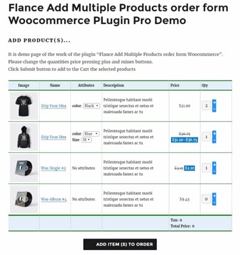 Flance Add Multiple Products order form PRO Woocommerce PLugin 